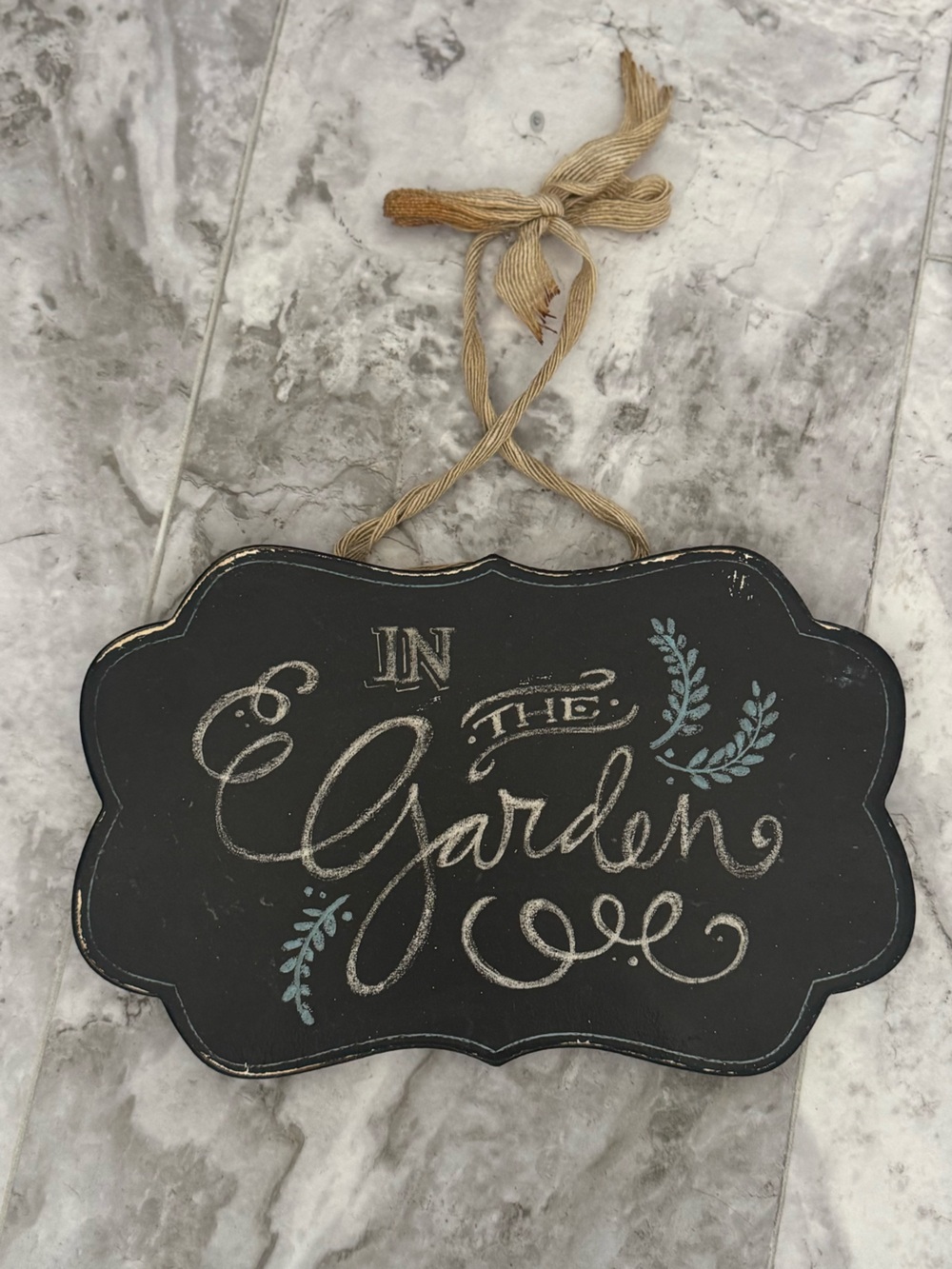 "In The Garden" Chalkboard Hanging Sign - Black with Blue Accents